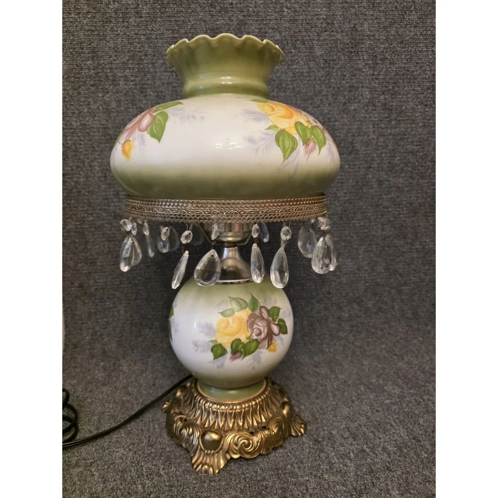 Antique Rose on Green Hurricane Lamp 10